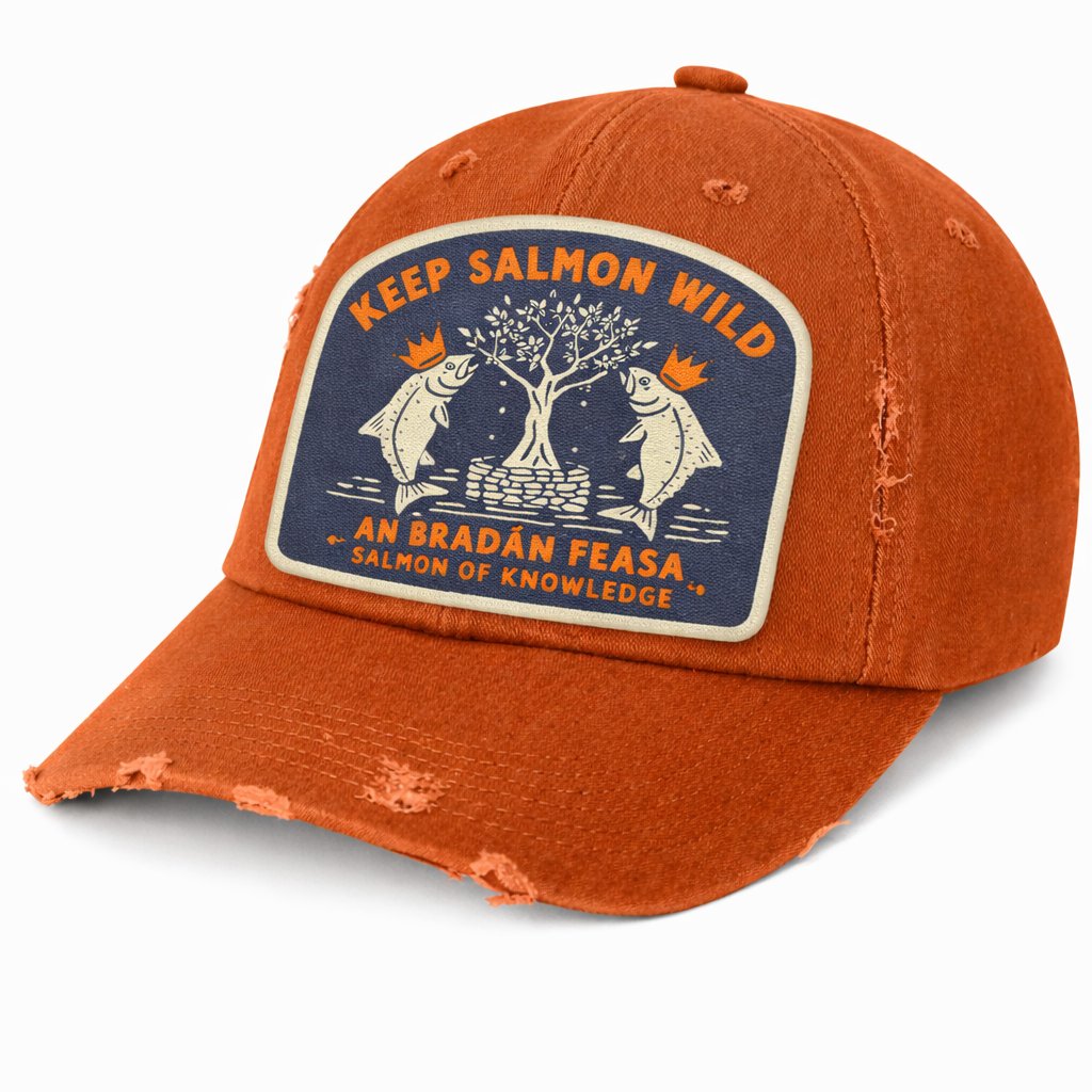 Keep Salmon Wild cap — rust distressed cotton with An Bradán Feasa patch