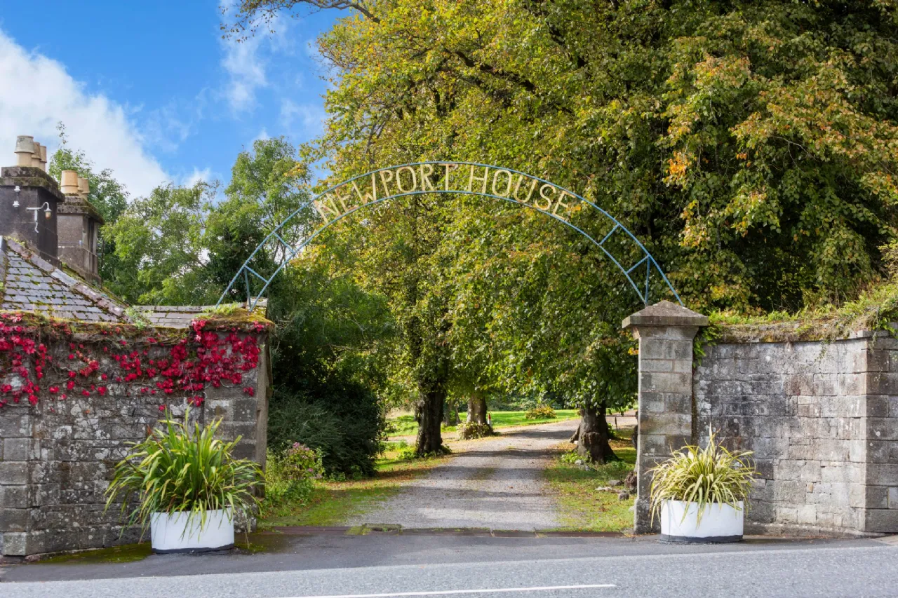 The entrance to Newport House — stone pillars, iron arch, and a tree-lined avenue beyond